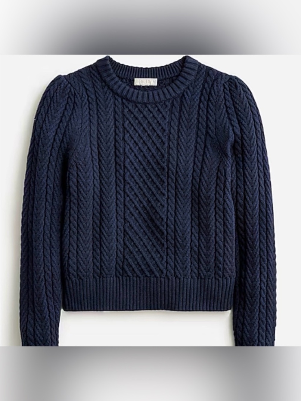 J. Crew Navy cable-knit puff-sleeve crewneck sweater